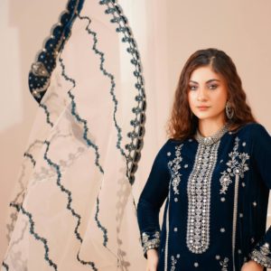 A beautiful woman modeling an elegant Eastern dress in a studio setting.
